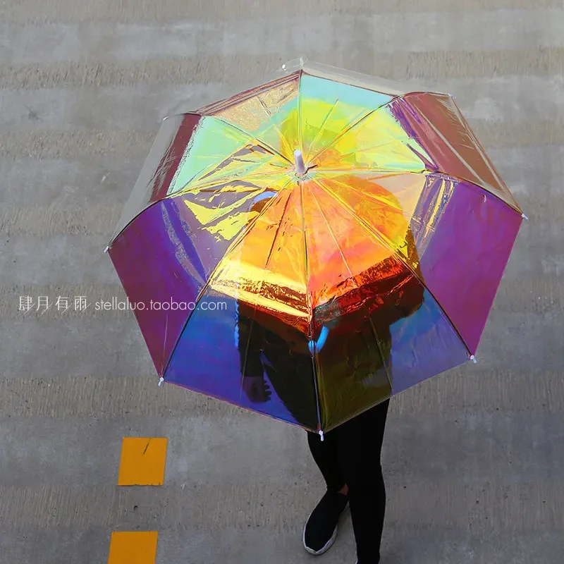 Colorful Rainbow Umbrella Transparent Color Changing Windproof Long Handle Umbrella Women\'s Sunshade Reinforced Sun Rain Gear