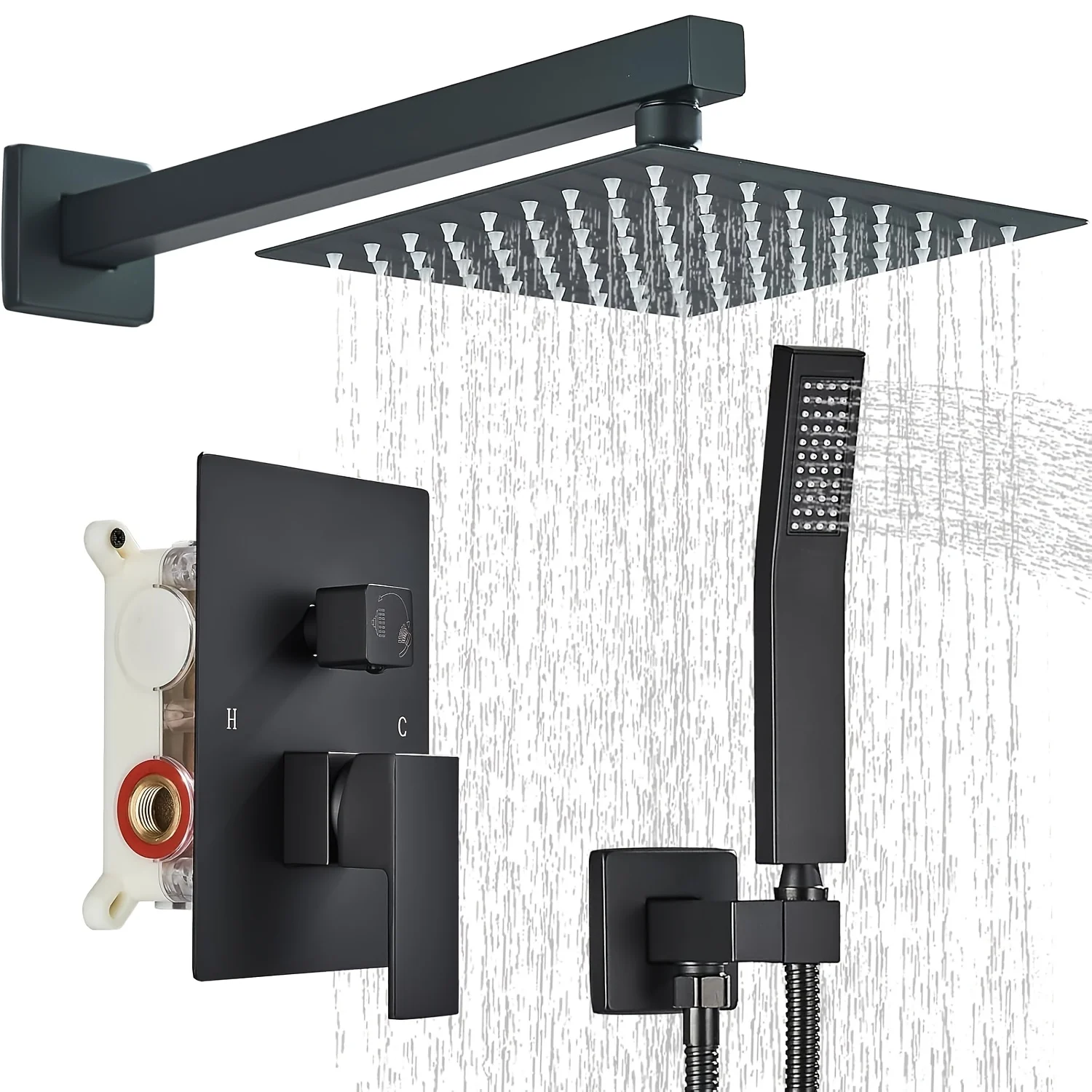 

1set Shower System Combo Set, 8 Inch Square High Pressure Rain Shower Head, Bathroom Luxury Rainfall Shower Head with Handheld Sprayer, Wall Mounted, Rough-in Valve Body And Trim, Matte Black, Perfect for Home Decor & Gift, Christmas & Halloween Gift
