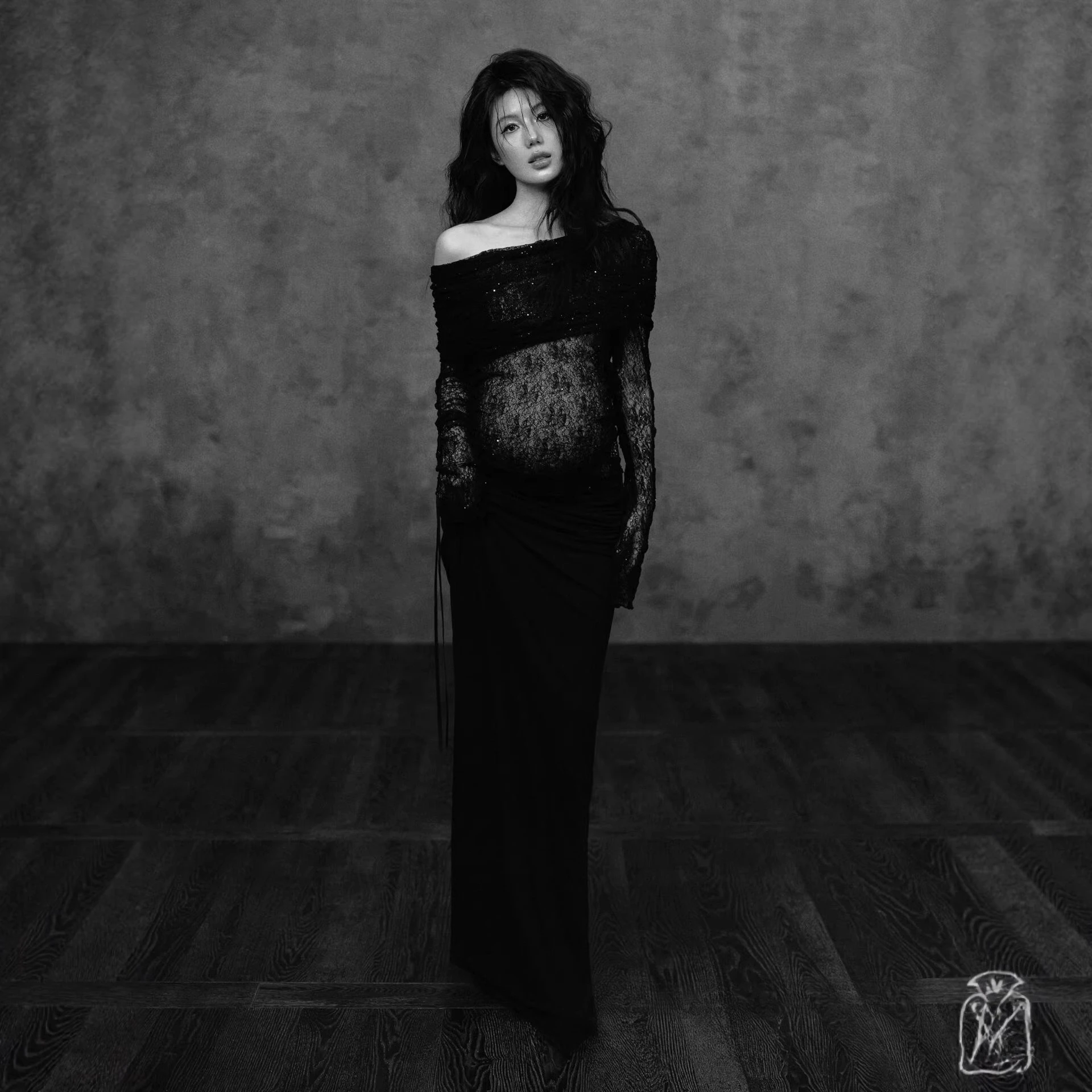 Women Maternity Dress for Photography Black Slim Lace Off-shoulder Perspective Pregancy Clothes for Studio Photo Shoot Clothing