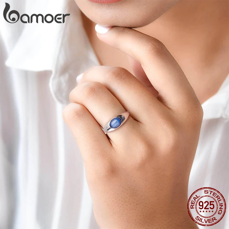 BAMOER 925 Sterling Silver Blue Kyanite Open Ring Chunky Statement Ring for Women Girl Lapis Lazuli Jewelry Minimalist Gift