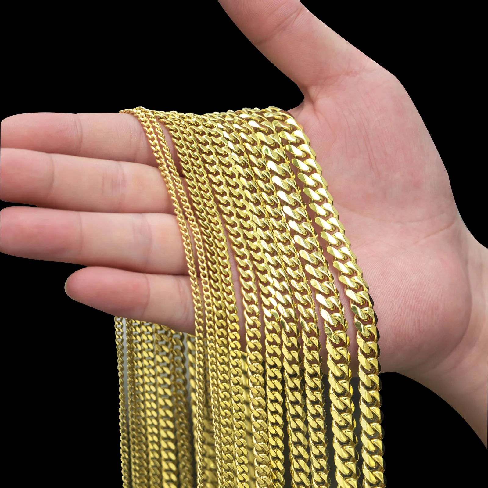 

Wholesale 6mm 8mm 14k Gold Plated Stainless Steel Miami Cuban Chain Necklace Lobster Buckle Men's Chain