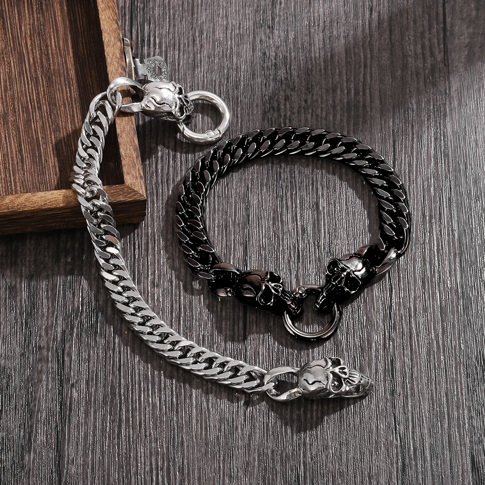New Double Skulls Bold Men's Stainless Steel Bracelet Fashionable Hip-Hop Punk Style Four-Sided Brushed Cuban Chain Bracelet