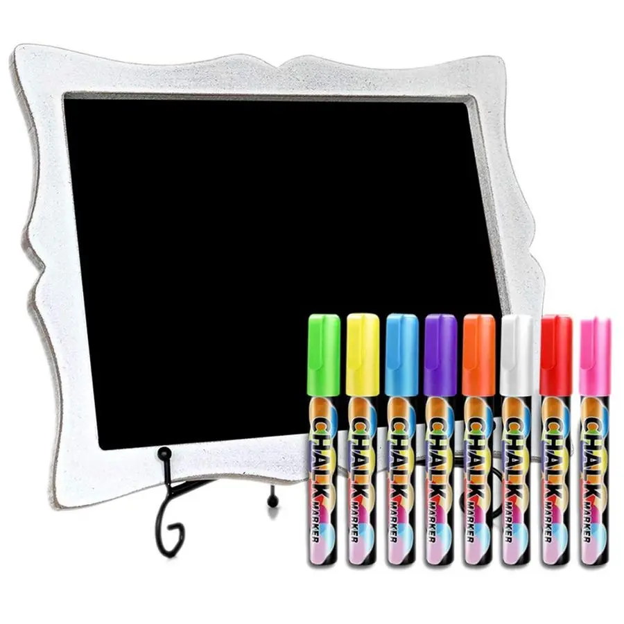 

Маленькая меловая доска с подставкой 11x13, 8 ярких жидких меловых маркеров, подвесная или настольная, в рамке, ручная работа
