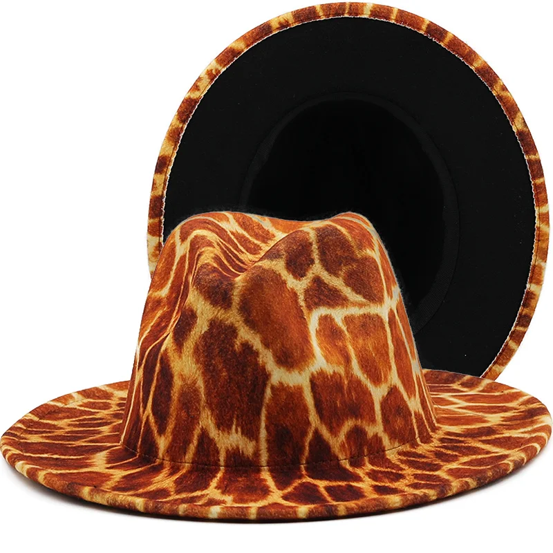

New Wide Brim Leopard Black Bottom Fedora Ladies Wool Felt Hat Women Men Party Trilby Jazz Church Hats Patchwork Panama Cap