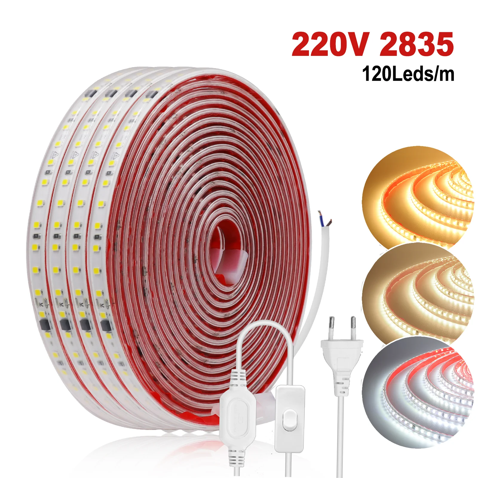 

AC 220V LED Strip Waterproof 3000K 4000K 6000K White 120LEDS/M 2835 Self Adhesive Flexible Ribbon Tape Strip Light