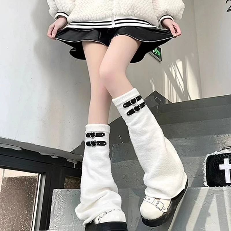 Y2K Knitted Wide Leg Piling Socks Set for Women, Cute Japanese-inspired Heart Buckle Stockings