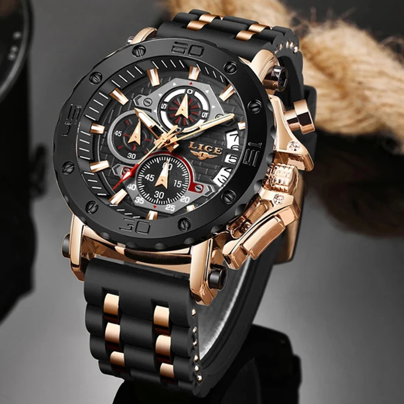 LIGE Luxury Casual Sport Watch Top Brand Creative Chronograph Silicone Strap Date Luminous Waterproof Big Men Watches Male Clock