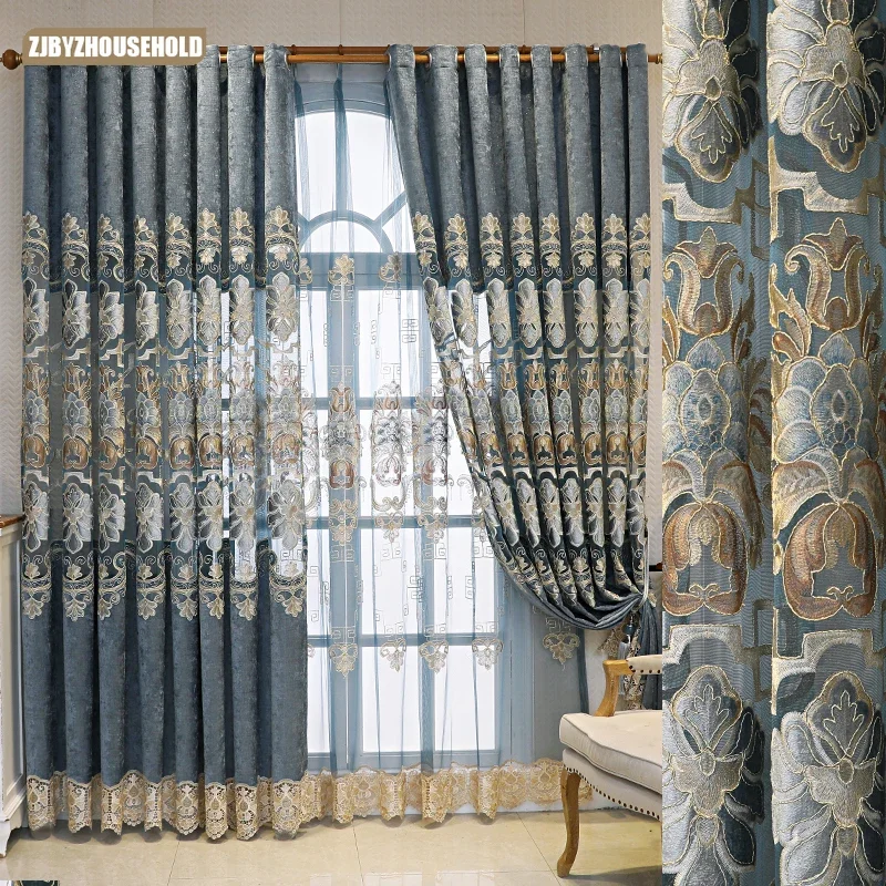 

European Luxury Curtains for Living Dining Room Bedroom Balcony Floor Window High-grade Chenille Large Hollow Embroidery New