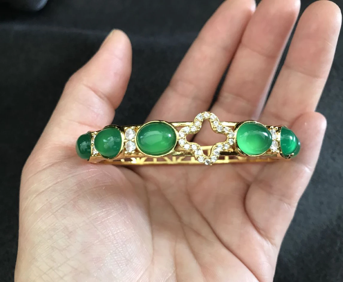 

Genuine Natural Green Jade inlay rhinestone Bangle Bracelet plating gold 925 silver