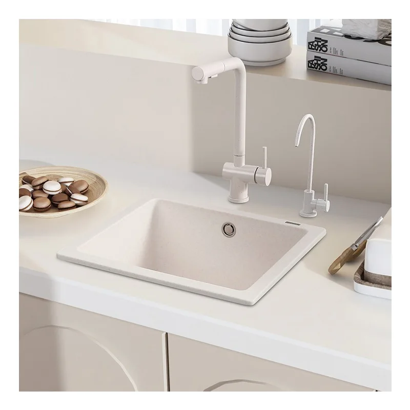

ATV White Cream Kitchen Sink With Drain Table Quartz Stone Large Trough Granite Kitchen Single Wash Basin