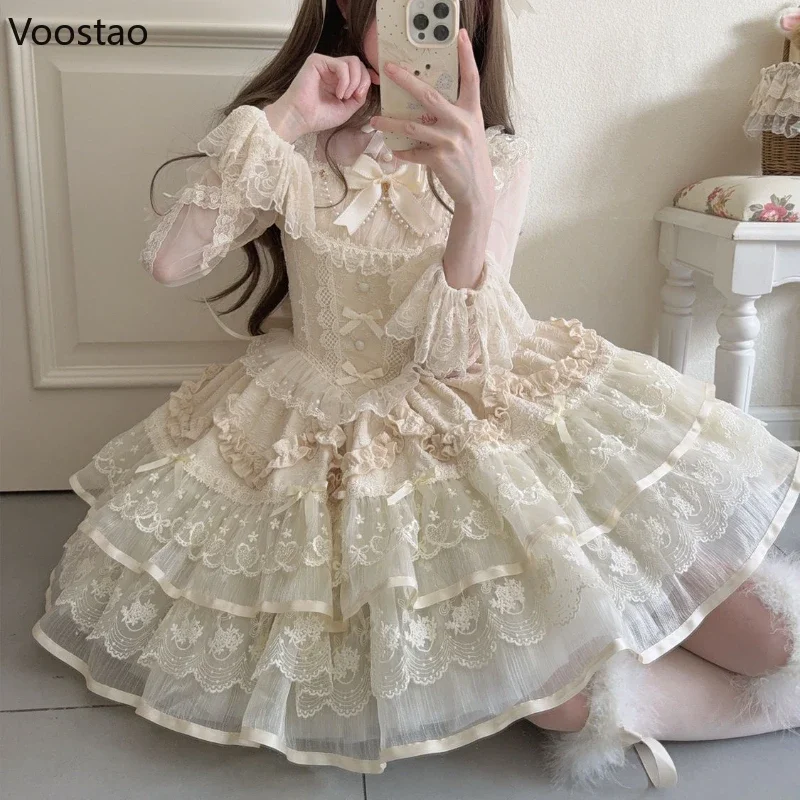 IMU Japanese Kawaii Lolita Jsk Dress Women Sweet Bow Lace Ruffles Princess Dress Ballet Girls Vintage Tea Party Fairy Mini Dress