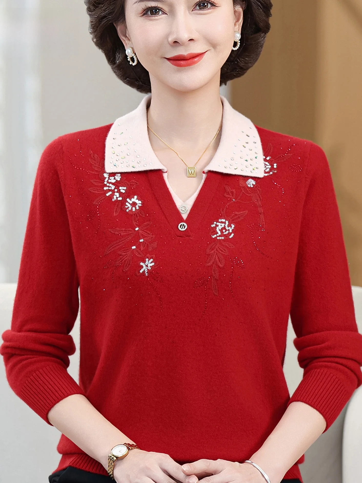 

Модный трикотаж из чистой шерсти с воротником и вышивкой для женщин среднего возраста и ly, осенне-зимнее новое поступление