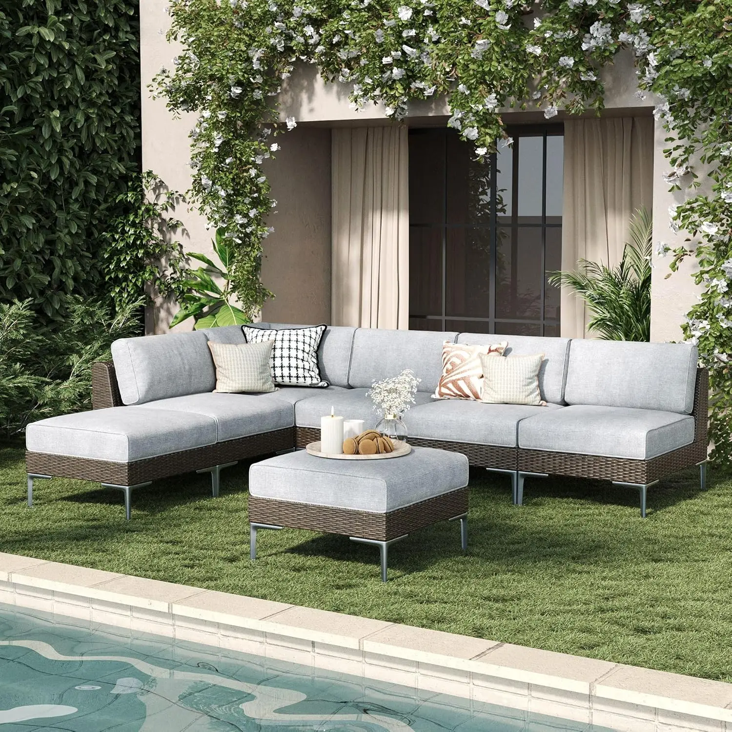 

7-Piece Wicker Rattan Patio Furniture Set, Deep Seating Outdoor Modular Sectional Sofa Conversation Set With Thick, Customized