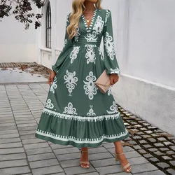 Women Long Sleeve Empire Waist V Neck Medium Dresses