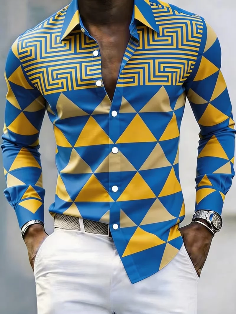 New Fresh Casual Shirt with Royal Blue Mirror Satin and Golden Triangle Chinese Pattern Geometric Art for Men