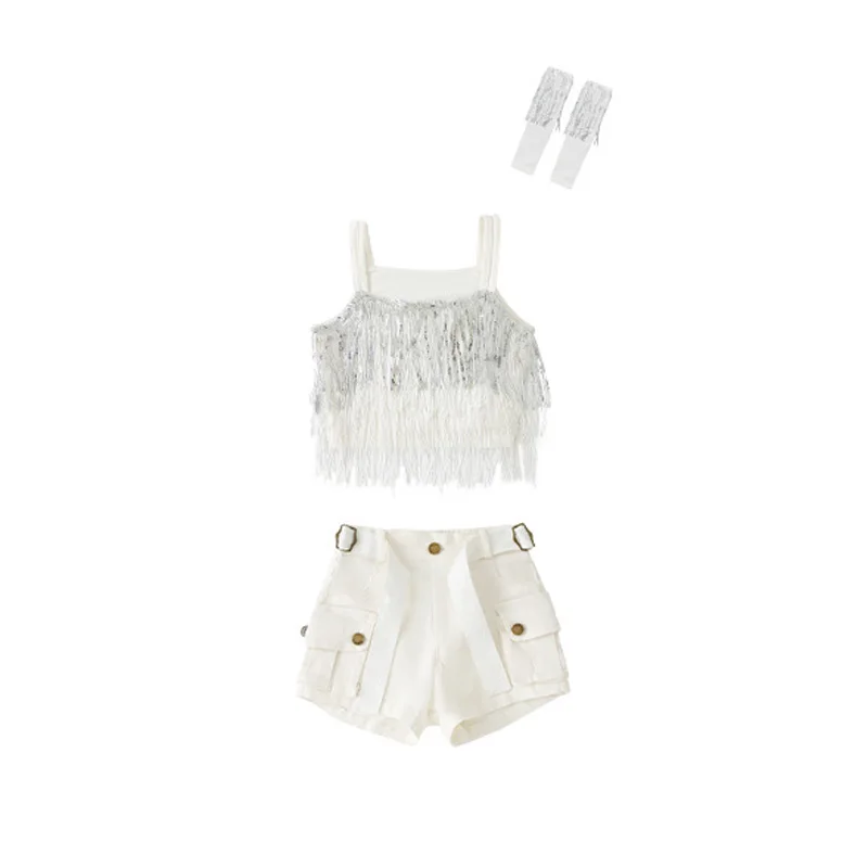 Mädchen Street Dance Kleidung Set Weiße Ernte Weste mit Silber Quaste Weiß Kurz/Hose Jazz Dance Kostüm Kpop Hip Hop Bühne Outfits