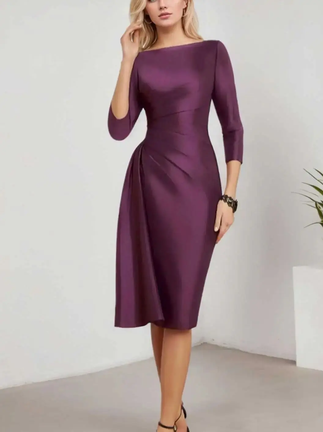 

Elegant Simple Sheath Evening Dress Satin Boat Neck 3/4 Sleeve Ruffles Knee Length Wedding Guest Dress 2025 Free Customized