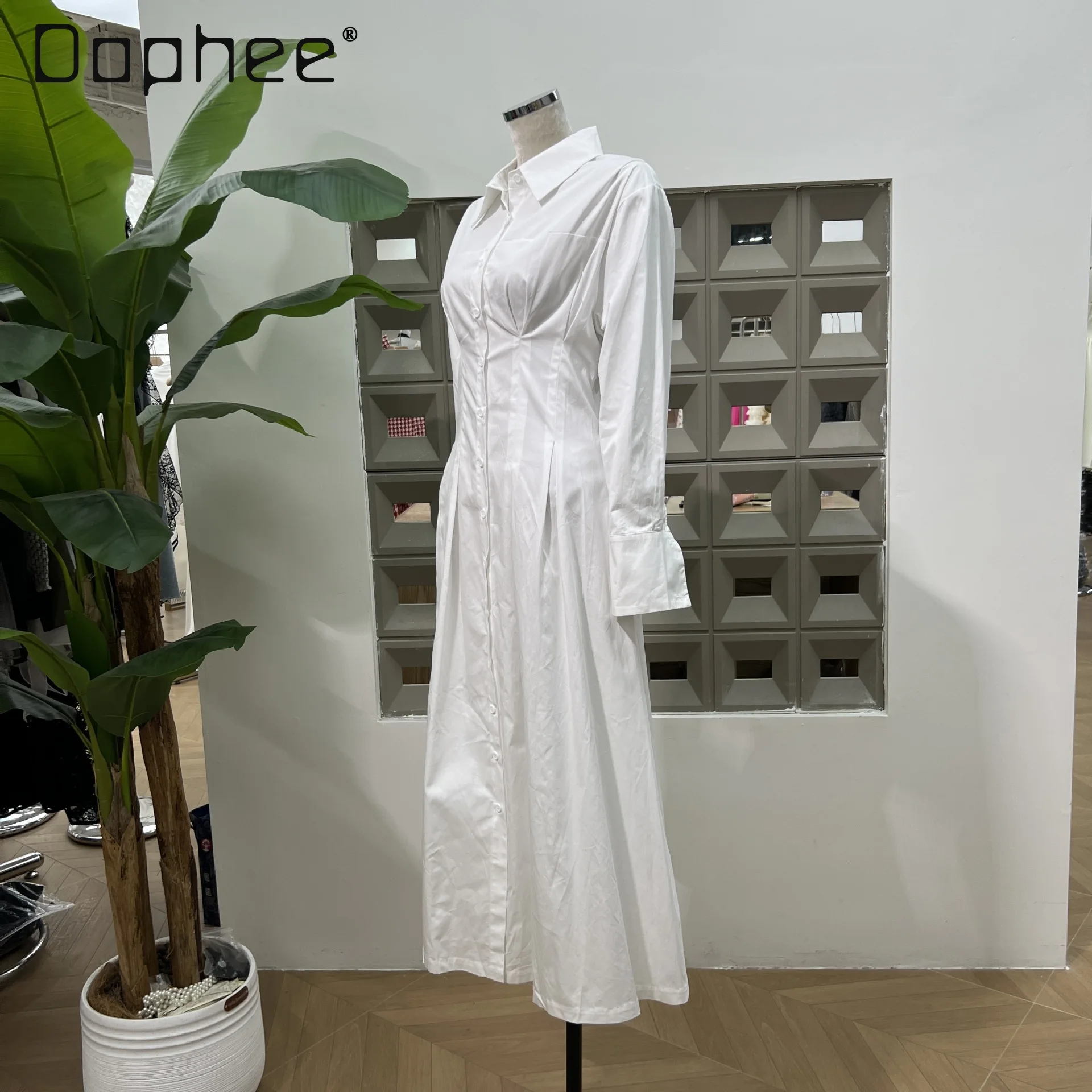 Französisch Elegante Mode Revers Langarm Einreiher Hemd Kleid Frauen Pendler Temperament Hohe Taille Schlank Mid-länge Kleid