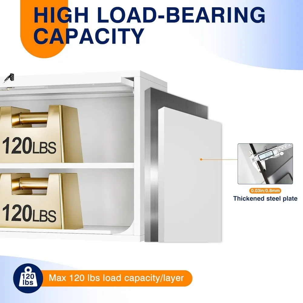 Metal Wall Cabinet with Doors and Shelves - Floating Storage Unit for Garage or Basement, White, 21.6 Inches Tall