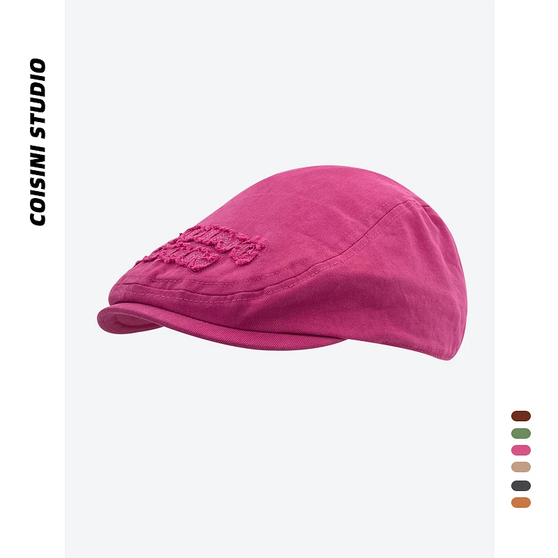 2024 New Sweet and Cool Spice Girl Pink Berets Cap Y2k Personalized Rough Alphabet Vintage Patch Versatile Summer Hats Woman