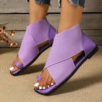Women Square Toe Gladiator Sandals Elastic Strap Wrap Around Ankle Flat Sandals Toe Loop Summer Beach Comfortable Walking Shoes