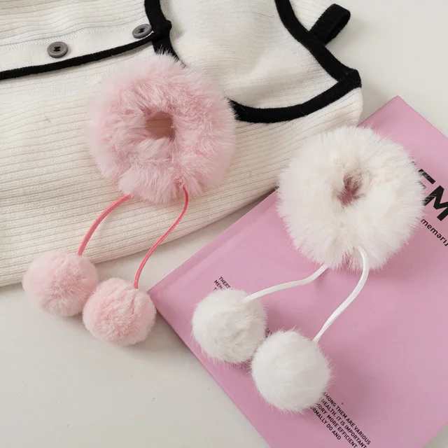 Dziewczyny Super słodki pompon elastyczna opaska do włosów jednokolorowe Faux futra królika opaska do włosów słodkie puszyste Scrunchies akcesoria do włosów dla dzieci