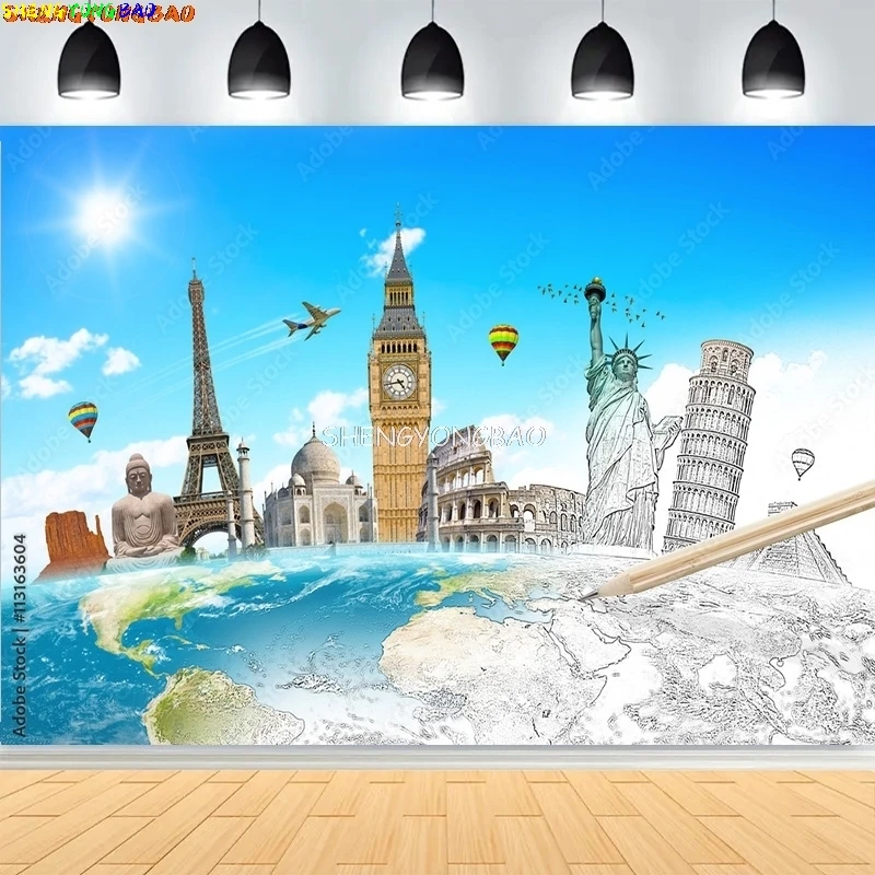 المعالم العالمية الشهيرة متصلة خلفيات للتصوير الفوتوغرافي السفر حول خلفية صورة عيد ميلاد الطفل العالمي IS-01