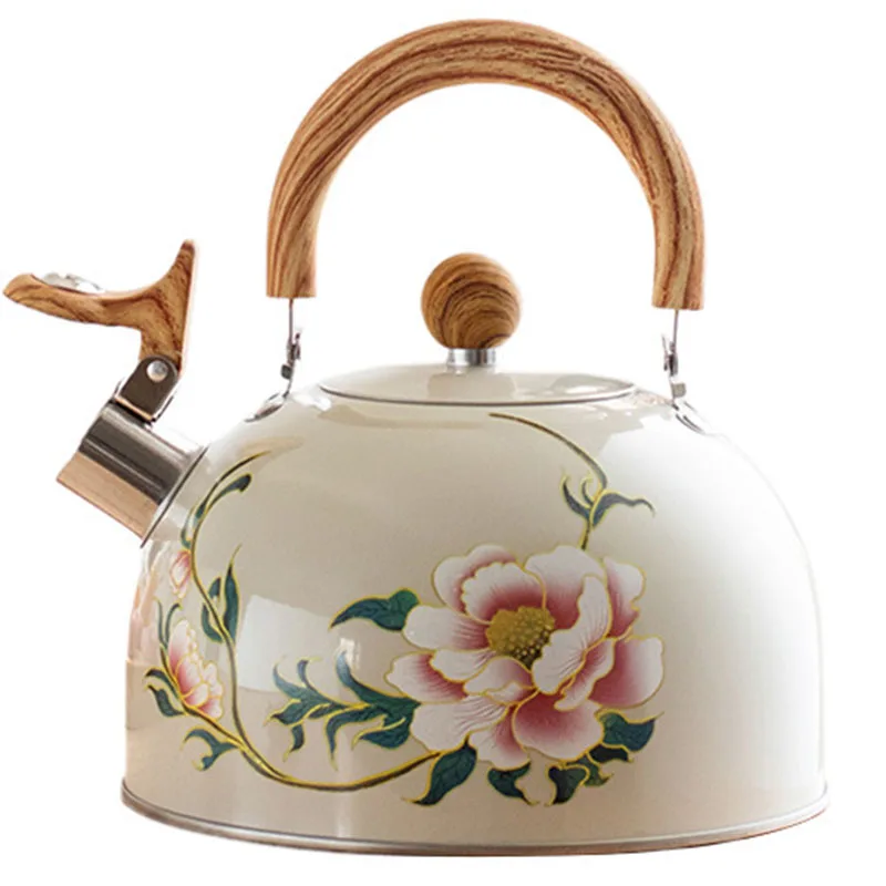 3L Stovetop Whistling Tea Kettle Vintage Peony Floral Enameled Stainless Steel Water Kettle for Gas Stove Induction Cooktop