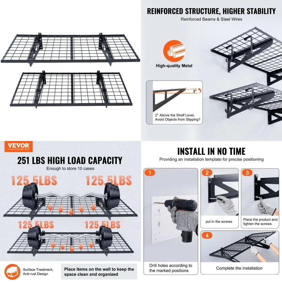 

VEVOR Garage Storage Sheing, 2 упаковки, 4 x 2 фута, сверхмощные гаражные листы, настенные, грузоподъемность 502 фунта, общее стеллаж для хранения в гараже