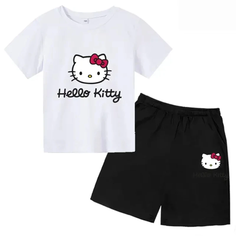 Summer Kids T-Shirt+Shorts Sets Hello Kitty Children 2-12 Years Boys Girl Clothes Round Neck Print Casual Cotton Short Sleeve