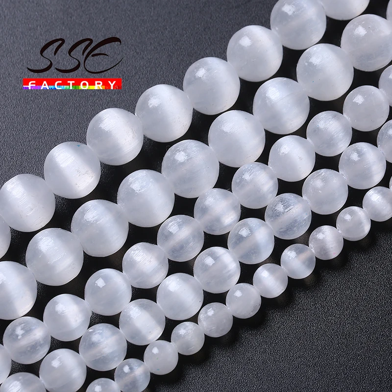 6 8 10mm Real Natural Gypsum Stone Beads For Jewelry Making White Selenite Clear Cat Eye Stone Round Beads DIY Bracelet 15