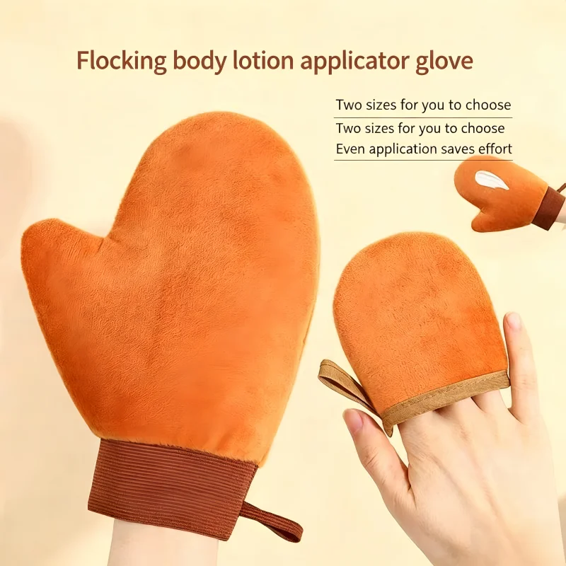 Soft Flocked Body Lotion Applicator Mitt, Double Layer Waterproof PE Lining, Reusable Self Tanning Sunscreen Massage Glove for E