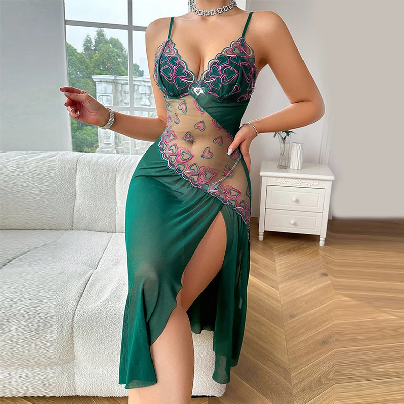 Women Sexy Nightgown Mesh Splicing Summer Pajamas V-Neck Hollow Suspenders Night Dress Heart Embroidery Sexy Nightwear Pajamas