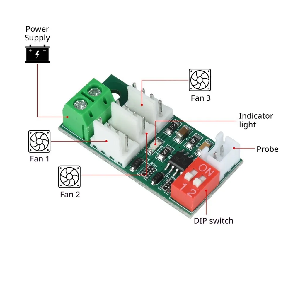 3 Way 4 Wire Fan Speed Controller DC12V 24V Thermostatic PWM Temperature Control Regulator 5A Max Output with DIP Switch