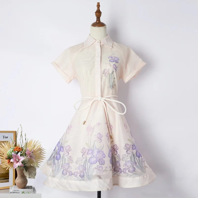 Real Shot Spot Spring/Summer New Collar Short Sleeve Positioning Printing Vacation Style Waist-Controlled Lace-up Dre