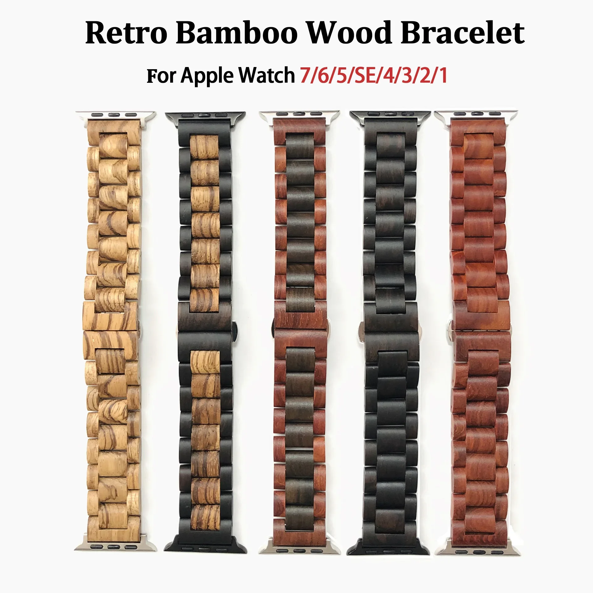 Wooden Watchband For Apple Watch Series 7 6 5 43 SE For iWatch 38mm 40mm 44mm 42mm 41mm 45mm Retro Bamboo Handmade Wood Bracelet