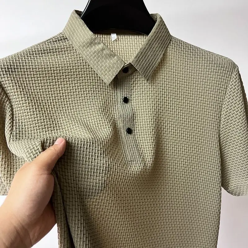 Ice Silk Short Sleeve  Shirt Men's Summer Versatile Quick Dry High End Slide Material Breathable Mesh Flip Collar Men's T...
