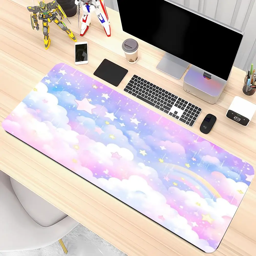 Pastel Cloud Star Mouse Pad Desk Mat Large Size Smooth Cloth Surface Non Slip Base For Girls Dorm Office