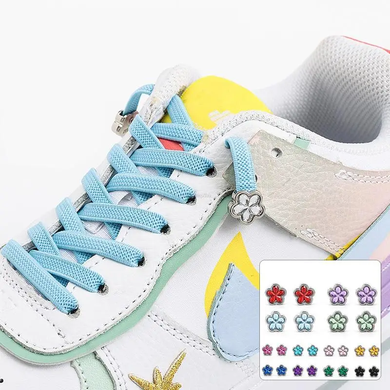 New Flower Diamond No Tie Shoelaces Colorful rhinestone Shoe laces without ties Elastic Laces Sneakers Kids Adult Flat Shoelace