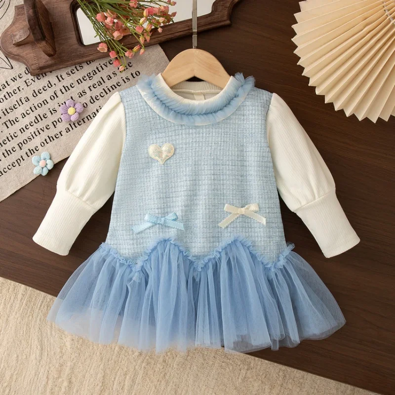 

Baby Girl Fake Two Piece Tulle Princess Dress Autumn Long Sleeve Children's Dress Sweet Casual Party 1-3Y Baby Dress