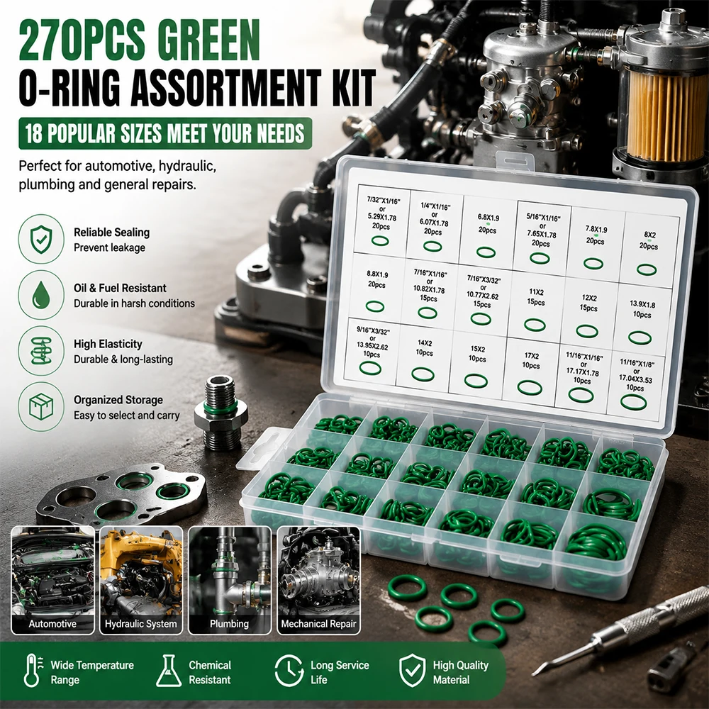 270PCS Green O-Ring Seal Assortment Kit 18 Sizes Rubber Sealing Rings for Industrial And DIY Applications