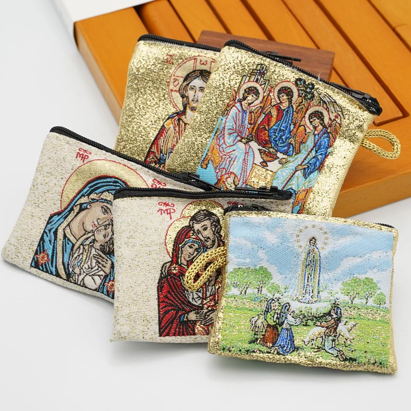 Gold Thread Embroidery Rosary Pouch Embroidered Catholic Image Icon Prayer Bag Religious Jewelry Storage Box 6.6x7.2cm