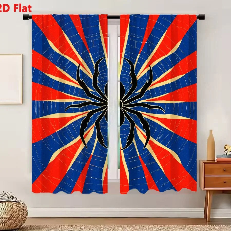 2Pcs Curtains 2D Flat Vibrant Stylized Graphic Illustration Featuring Large Black Spider With Radial Burst Pattern And Intricate