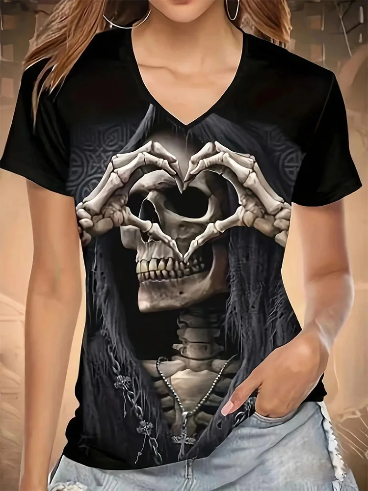 

Chic Skull Black T-shirt Women's V Neck Short Sleeve Summer Casual Print T-shirt Pullover