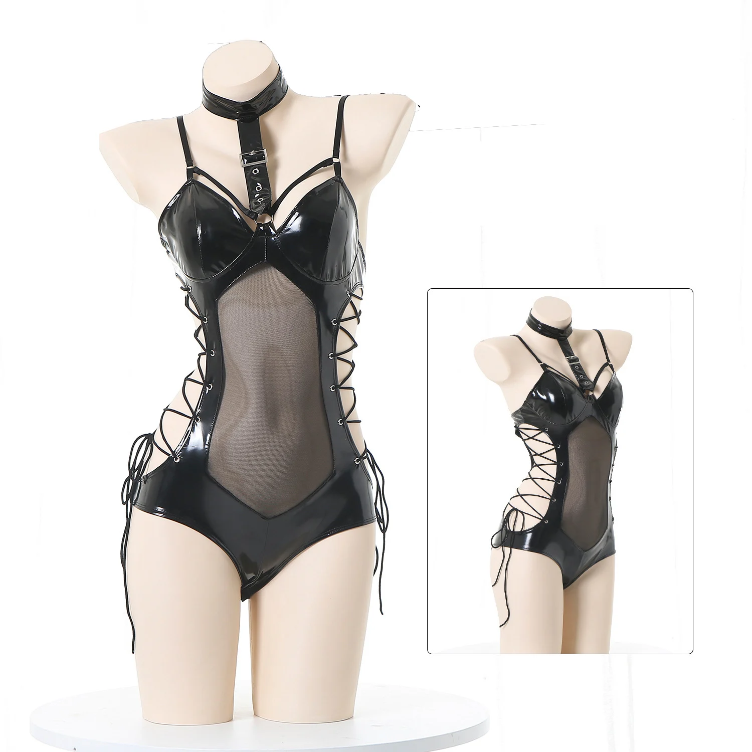 

Women Sexy Bandage Bodysuit Cyber Gothic PU Halter Slim Black Game Club Cosplay Partywear Costume Sexy Tight Uniform 2025