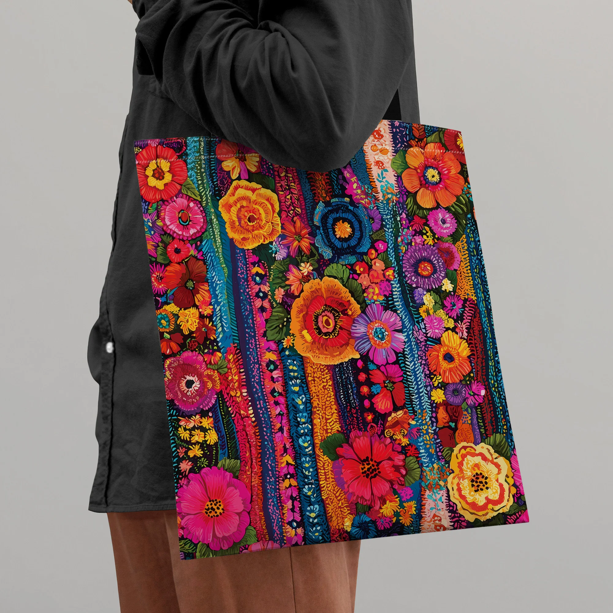 Men's Fashion Guatemalan Floral Tote Bag Colorful Striped Flower Print, Durable Polyester Reusable Shopping Bag for Grocery Bags