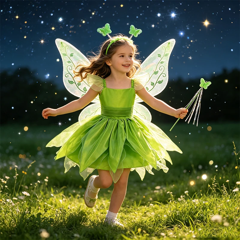 

Girls Spaghetti Strap Tinkerbell Cosplay Gown Set Fairy Costume for Birthday Halloween Carnival Party