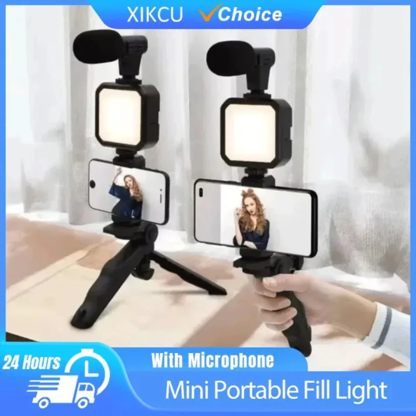 Mobile Tripod Kit with Microphone LED Fill Light Mini Portable Fill Light for Selfies Mobile Live Stream Photography and Light