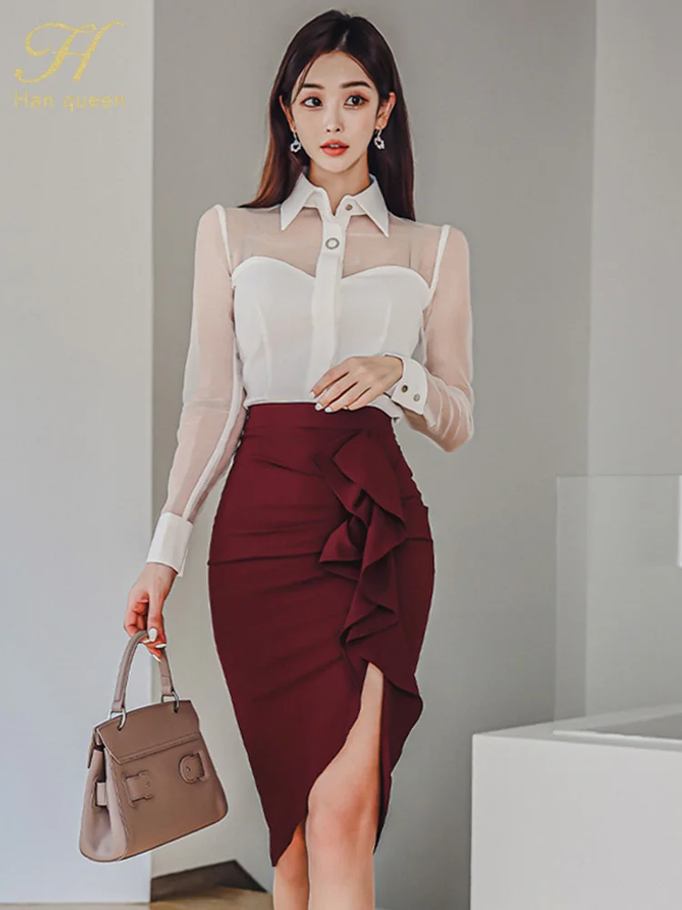 H Han Queen Women Autumn Casual 2 Pieces Set Single-Dreasted Blouses + High Waist Ruffles Pencil Skirt Korean Simple Skirt Suit