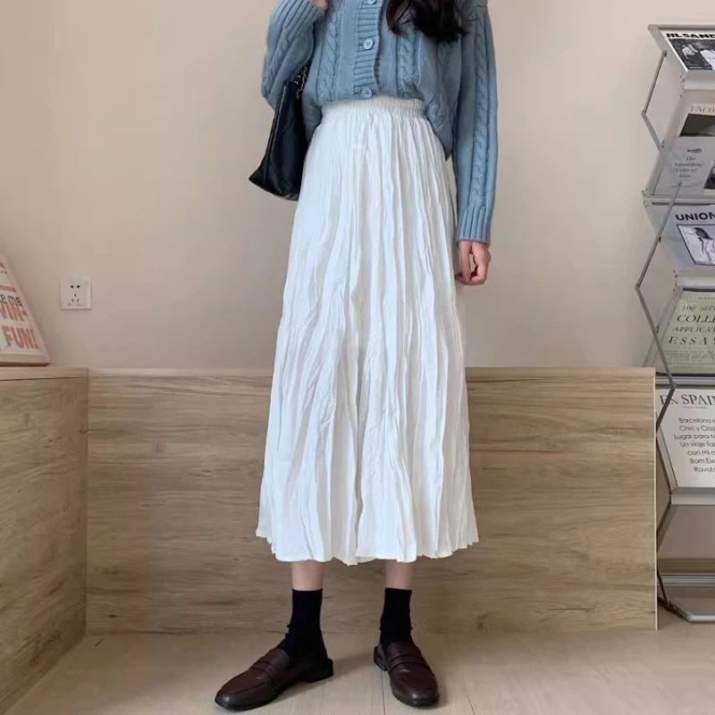 Korean White Folds Skirts Women's Elastic High Waist Solid Color Pleated Skirts Casual All Match Loose A-line Mid-Length Skirts